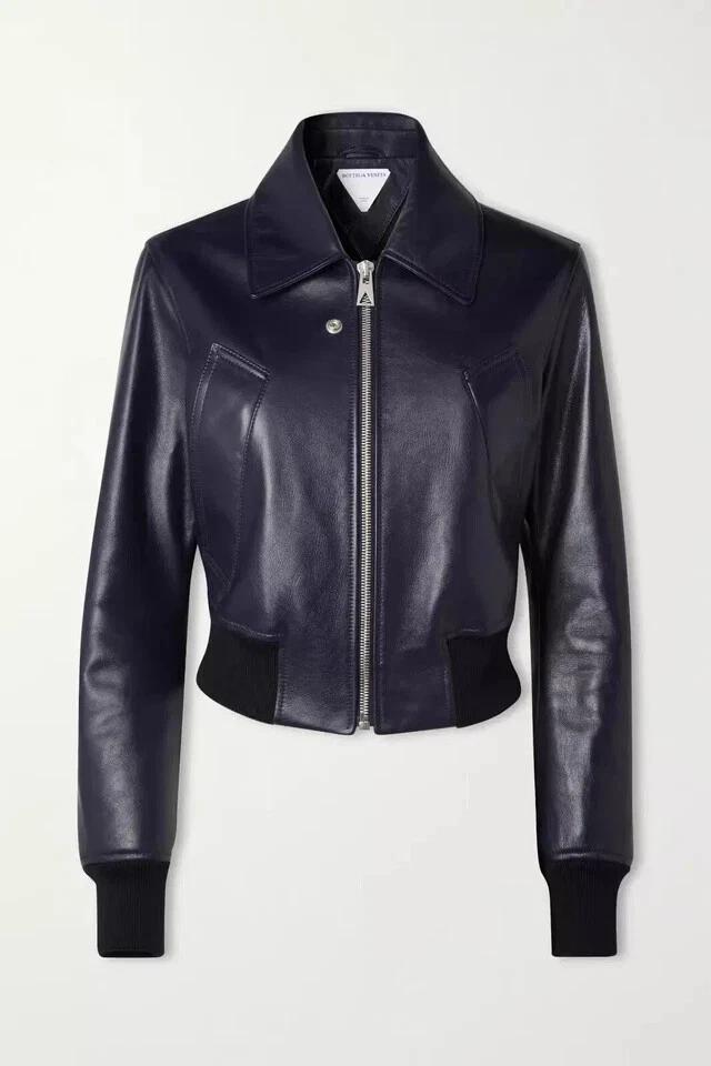 Stylish Women's New Navy Blue Genuine Lambskin Leather Jacket Biker Motorcycle