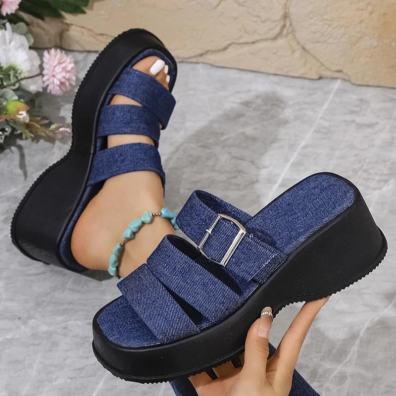 Fashion Blue Denim Chunky Platform Slippers Women Fashion Buckle Wedge Heels Sandals Woman Summer Comfort Thick Bottom Outdoor Slippers
