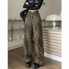 Women's High Waist Wide Leg Jeans Loose Fit Leopard Print Denim Pants Vintage Straight Casual Trousers