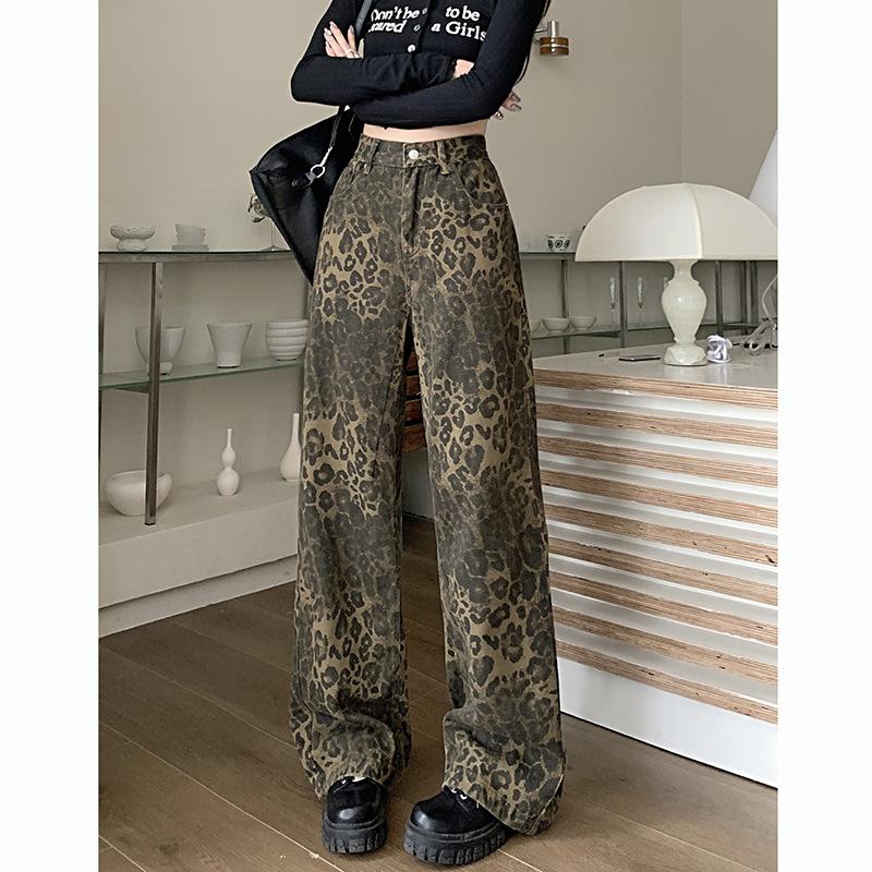 Women's High Waist Wide Leg Jeans Loose Fit Leopard Print Denim Pants Vintage Straight Casual Trousers