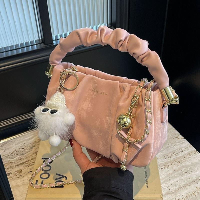 Stylish Small Crossbody Bag For Women With Trendy Chain Detail And Soft Fabric In Black Beige Pink Or Gray