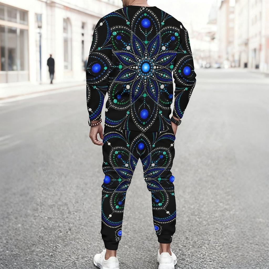 Men Plus Size Black Blue Green Printed Round Neck Long Sleeve Top Cuffed Pants Two Piece Set