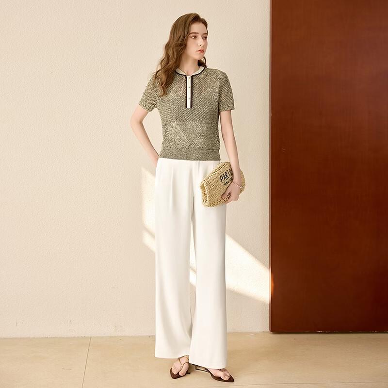 Top a Maniche Corte in Maglia Color Block con Intreccio Vuoto da Donna