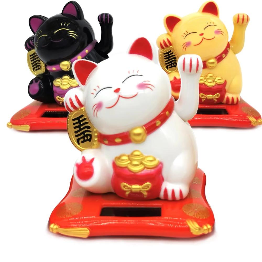 Mini Fortune Cat Figurine Solar Powered Waving Hand Cat Ornaments Car Decor