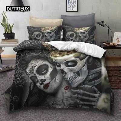 Set da letto Teschio di Zucchero King Bellezza Bacio Teschio Copripiumino Set Letto Stampa Boemia Nero Biancheria da letto Misura Queen Copriletto