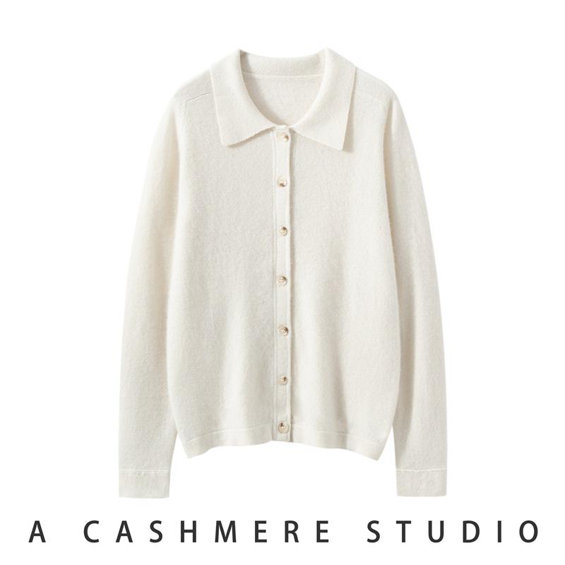 Women's Cashmere POLO Collar Cardigan - Elegant Solid Color Knit Outerwear for Autumn/Winter