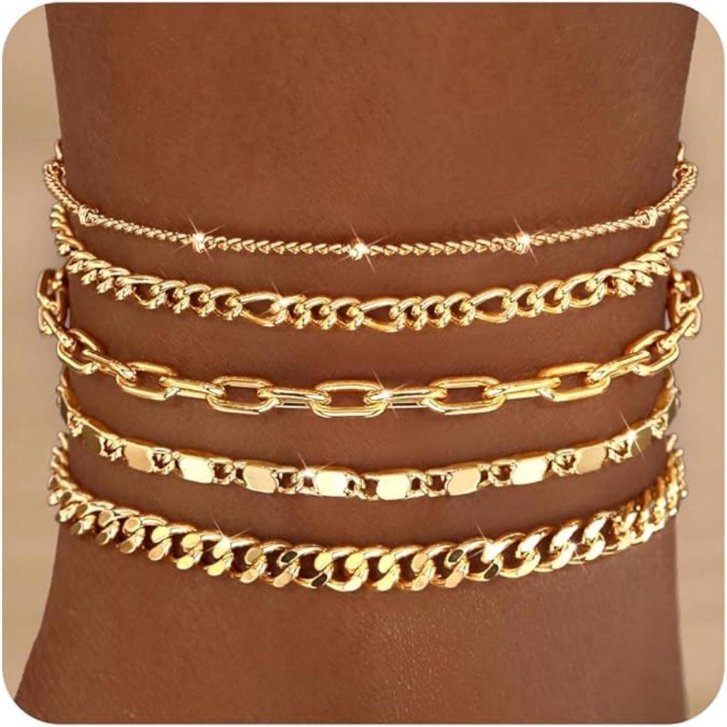 European & American Retro Cuban Link Anklet Set - 5 Pieces