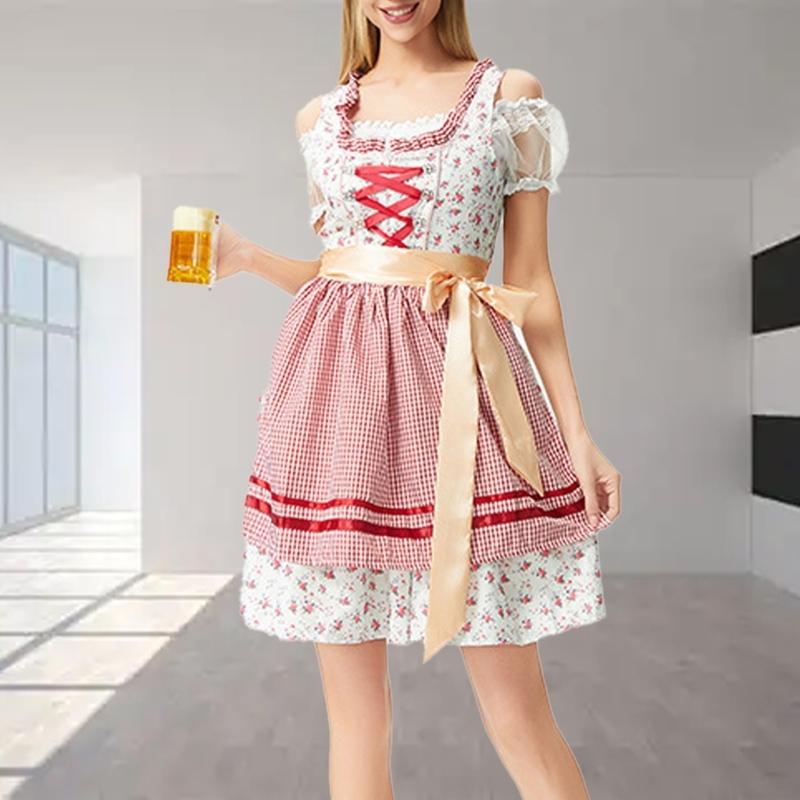 German Bavarian Oktoberfest Costume Set,Halloween Beer Costume Dirndl Dresses Blouse Apron Bows Ribbon for Adult Women