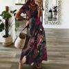 Women Plus Size V Neck Short Sleeve Blue Gray Printed Straight Maxi Dress