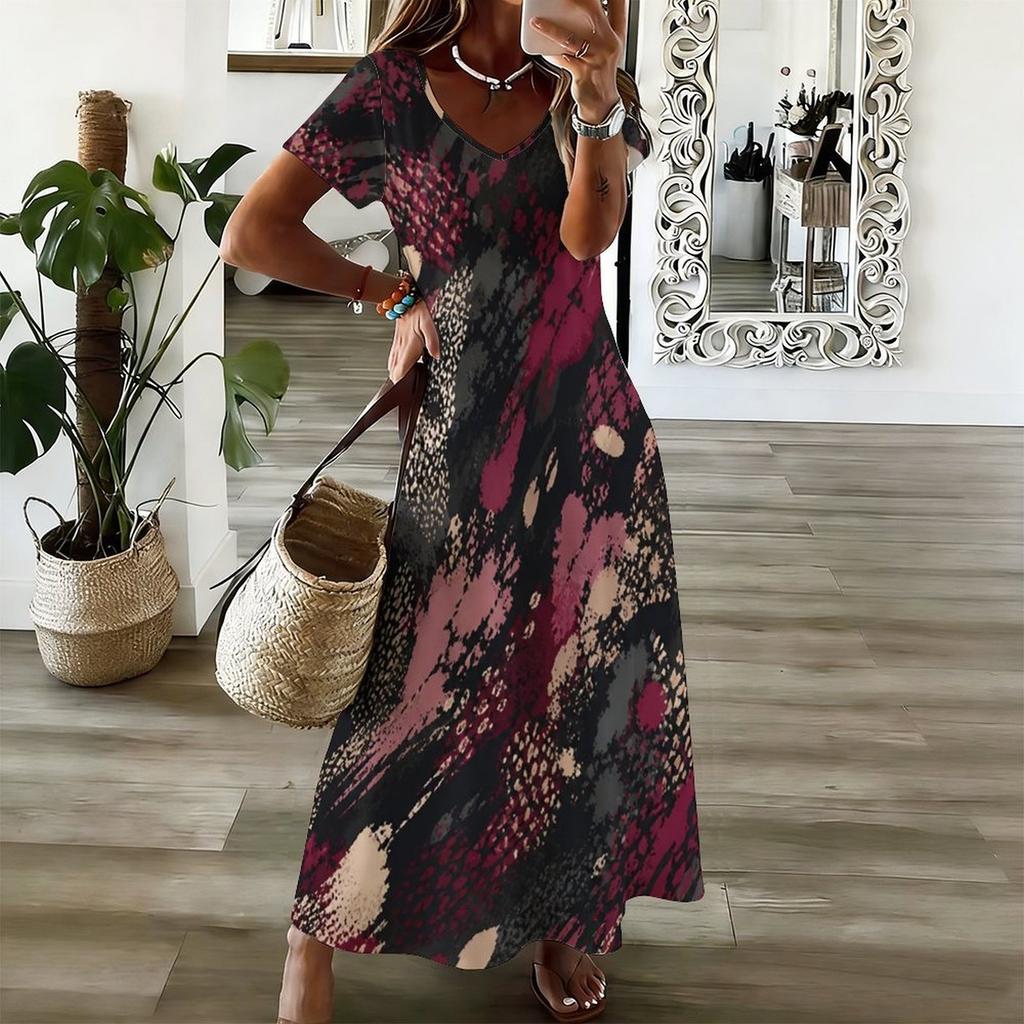 Women Plus Size V Neck Short Sleeve Blue Gray Printed Straight Maxi Dress