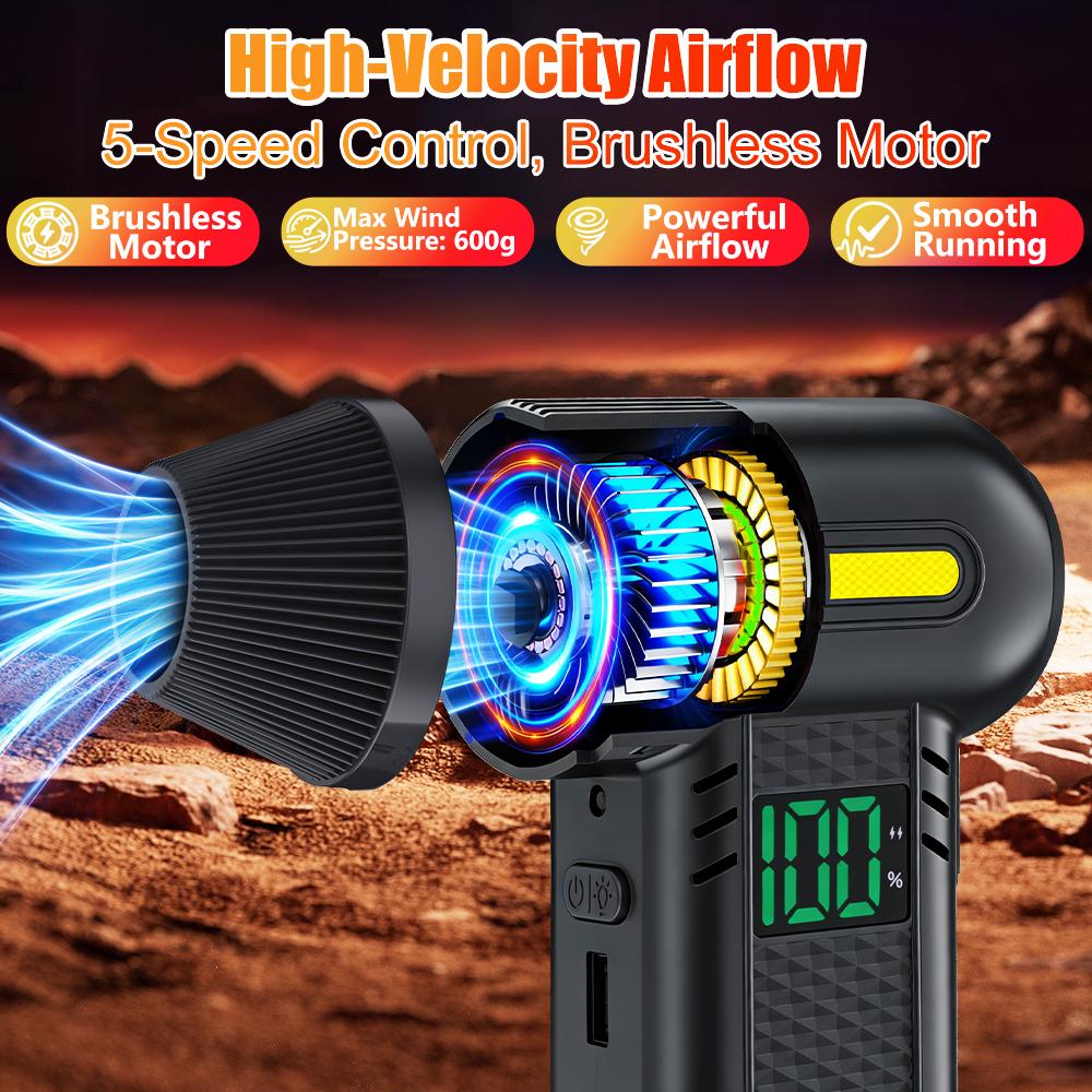 Turbo Blower Type-C Charging 5 Gears Adjustable Car Snow Removal Jet Fan Electric Air Duster Strong Blowing Cordless Multi Outlet Nozzles 200000RPM