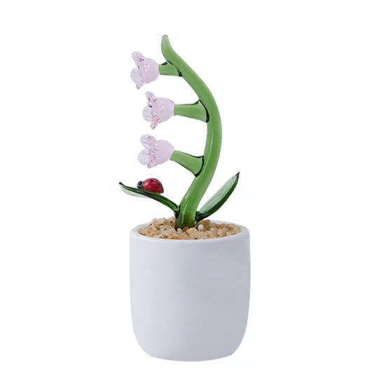 Hand Blown Mini Glass Flower Figurine Faux Crystal Small Lily of The Valley Flower with Pot for Wedding Mother's Day Office Home Table Centerpiece