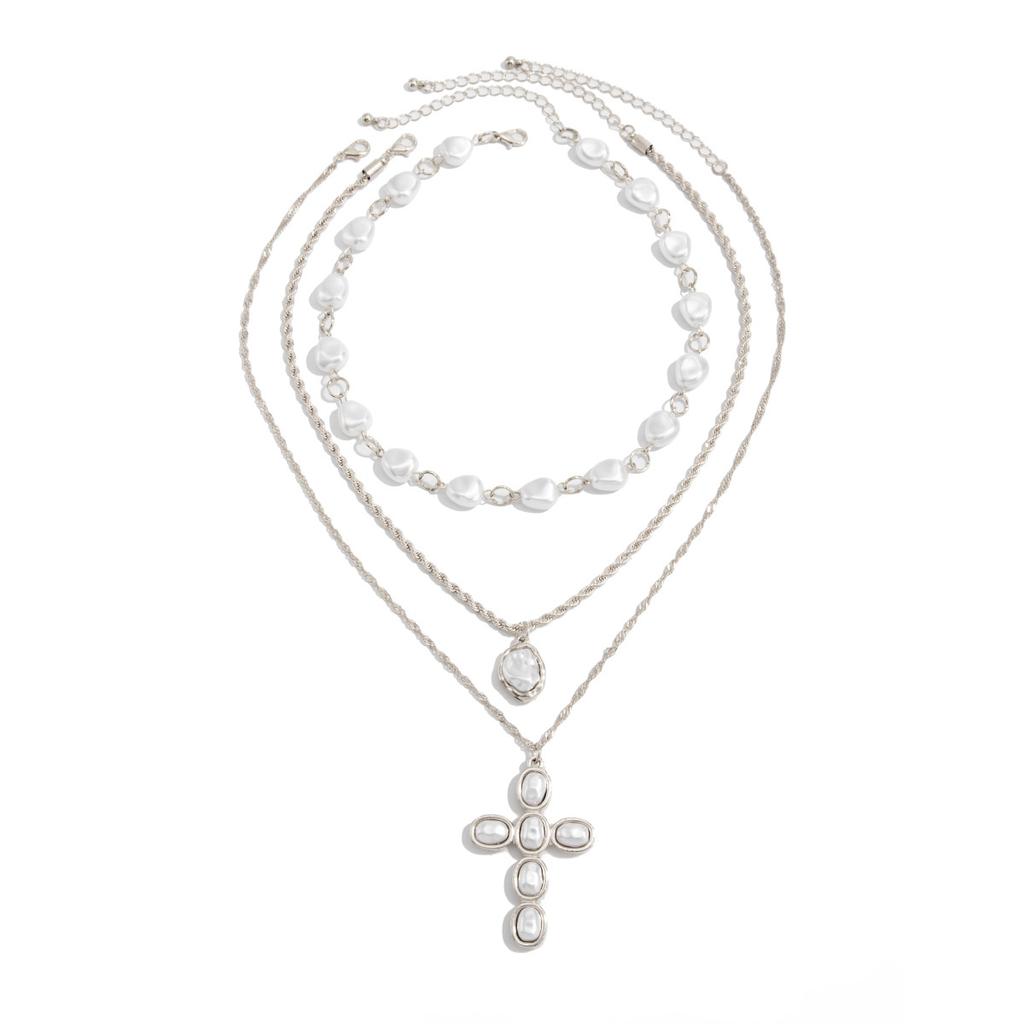 Sweet And Cool Wind Cross Pendant, Collarbone Necklace, Baroque Special-Shaped Imitation Pearl Chain Necklace.