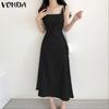 VONDA Women Elegant Sleeveless Casual Slim Waist Long Pleated Tank Dress