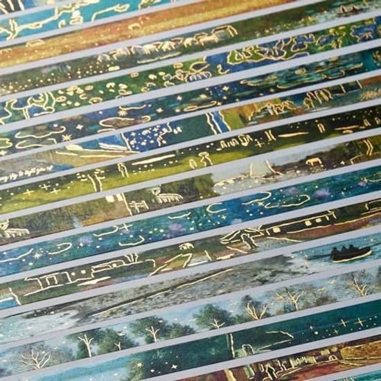 Oil Painting Style Masking Tape 20 Pieces Set Landscape Patterns Washi Gold Foil Stamping Scenery Drawing DIY Crafts Journal Planner Scrapbook Gift