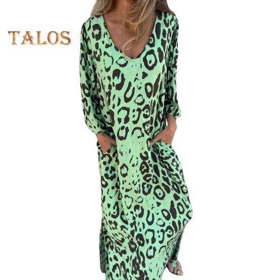 

Женское платье с леопардовым принтом, платье макси с V-образным вырезом и длинными рукавами, повседневное свободное весенне-летнее платье для офиса, повседневной носки, для вечеринок и каникул M зелёный
