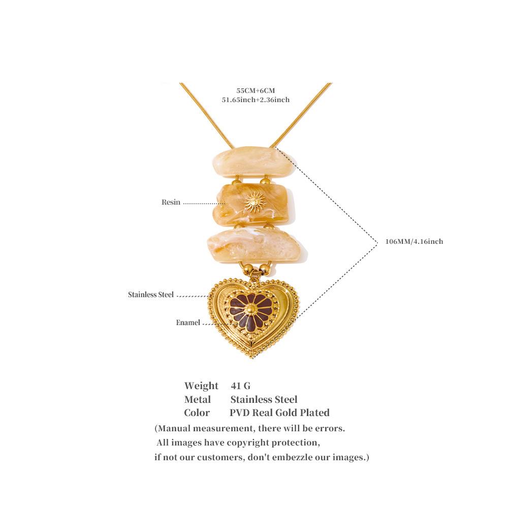 Eetit Exclusive Resin Imitation Stone Rectangle Heart Pendant Necklace Stainless Steel Fashion Statement Jewelry Waterproof