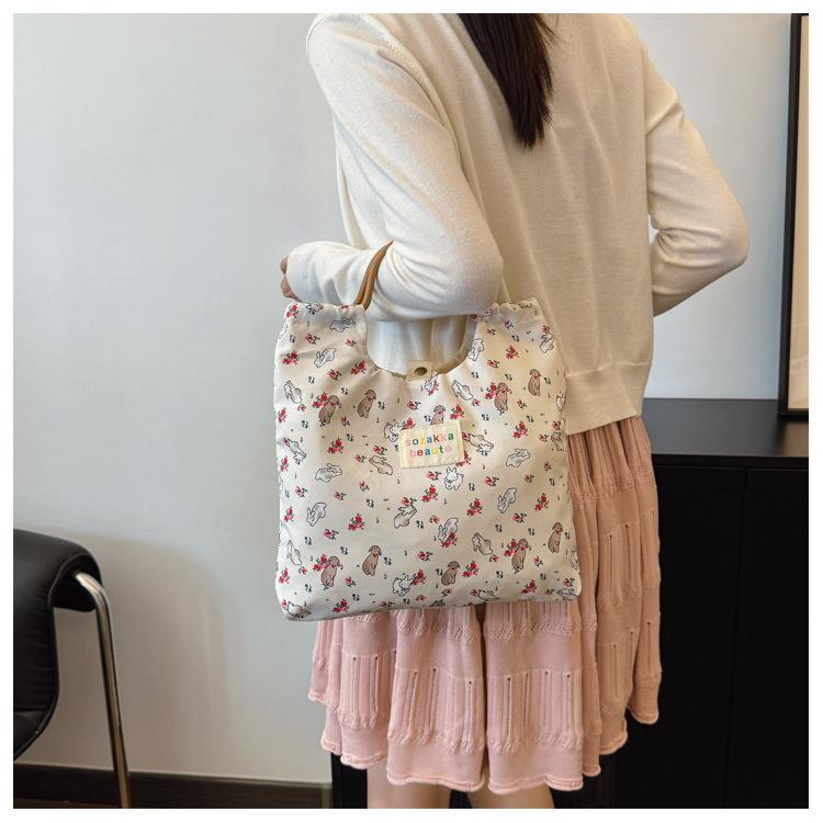 Новая милая холщовая сумка с цветочным принтом и маленьким белым кроликом, женская наплечная сумка, большая вместительная сумка-тоут, сумка для книг, сумка-тоут
