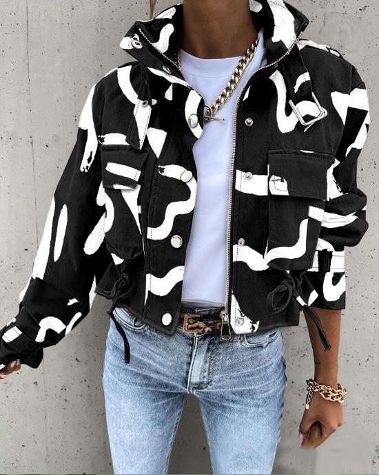 Cross-border foreign trade 2025 Amazon autumn and winter new women's clothing button zipper polo collar printed short casual coat