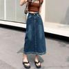 Summer New Mid-length Denim Skirt with Back Slit for Women Design Raw Edge A-line Skirt