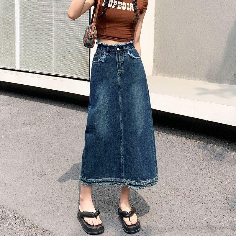 

Summer New Mid-length Denim Skirt with Back Slit for Women Design Raw Edge A-line Skirt XS синий