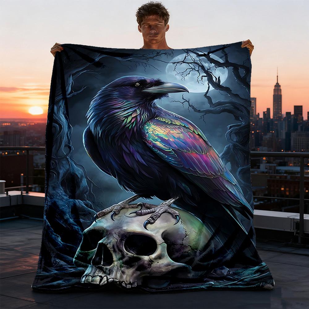1pc Raven Skull Print Outdoor Blanket, Lightweight Polyester,