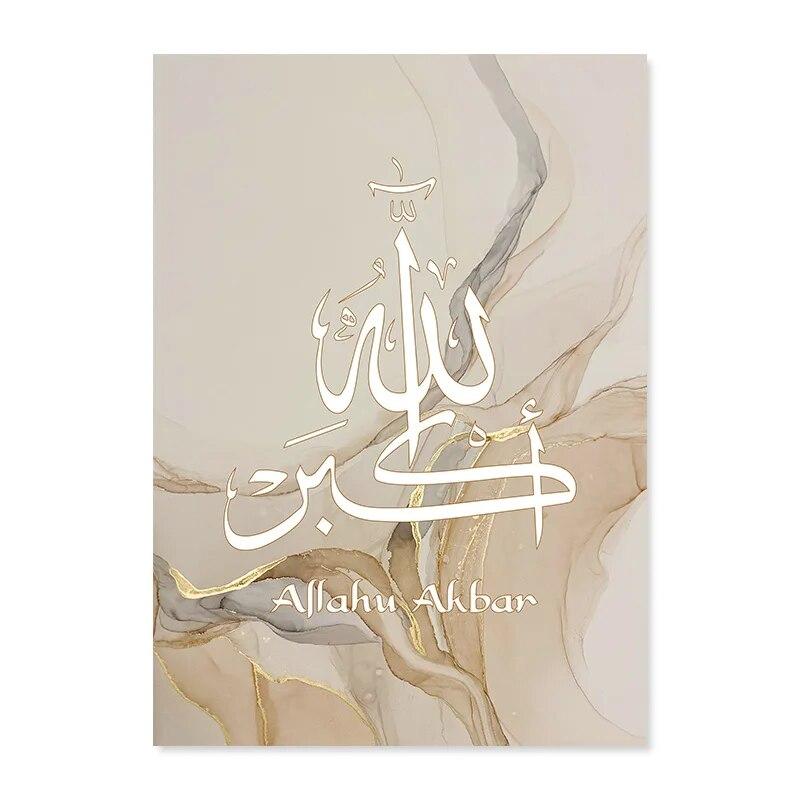 Caligrafía islámica Allahu Akbar, carteles abstractos fluidos de mármol dorado Beige, pintura en lienzo, imágenes artísticas de pared, decoración para sala de estar