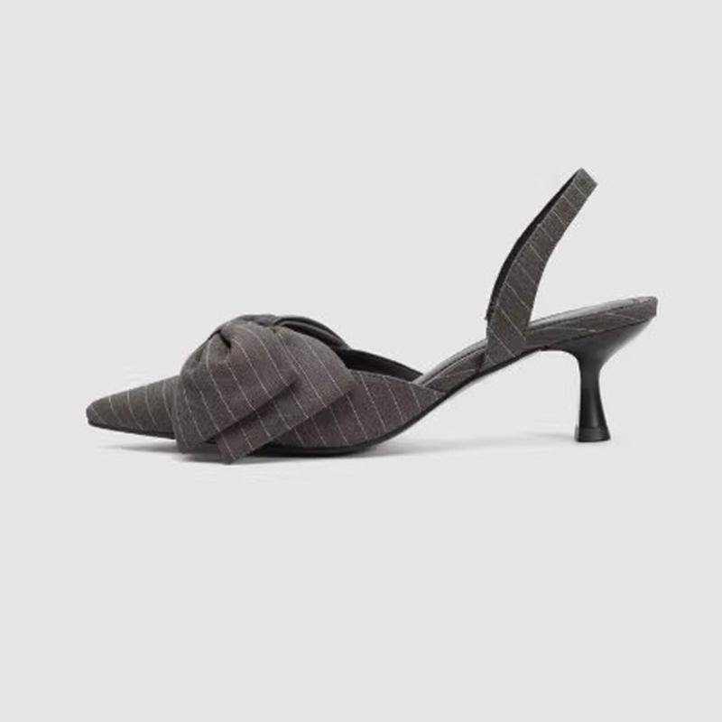 Striped Bow Pointy Toe Back Empty Sandals for Women with Slim Heels