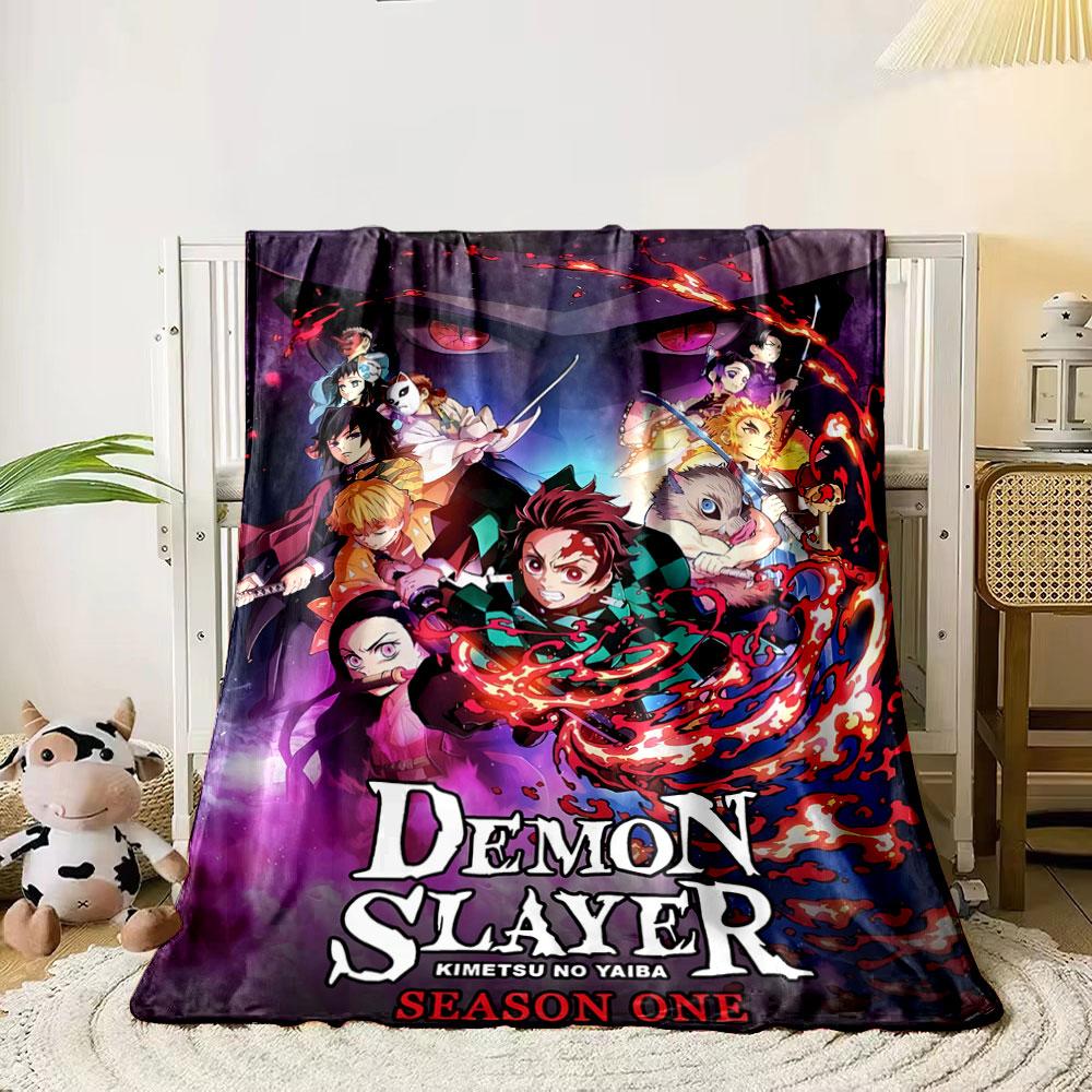 An anime-style ensemble with fiery sword motifs and intense red eyes backdrop. for all seasons blanket lunch break throw gift