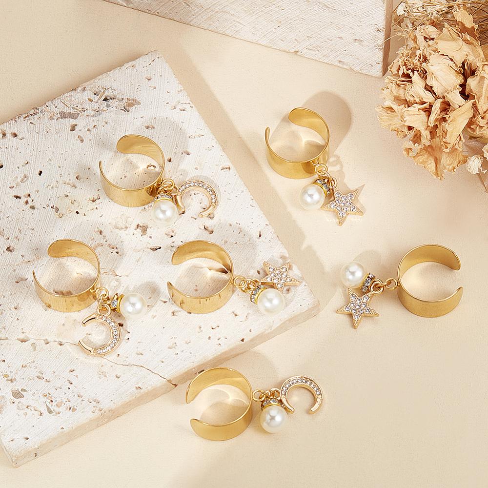 304 Stainless Steel Cuff Rings, Star & Moon Alloy Pendant, Golden, Adjustable, 37~38mm, 6pcs/set