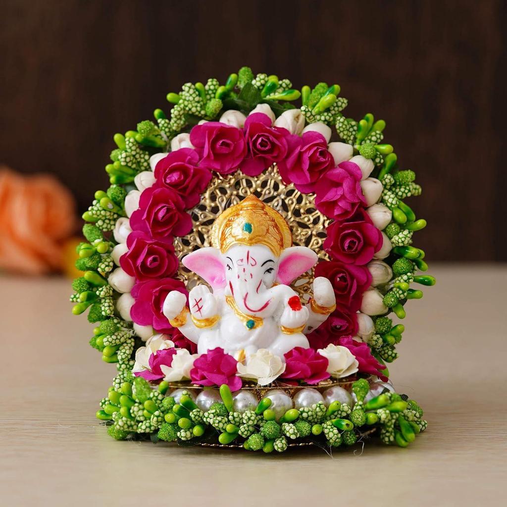 Resin Lord Ganesha Idol On Decorative Green Pink Floral Plate| Ganesha Idol for Home Decor Car Dashboard| Ganesha Statue