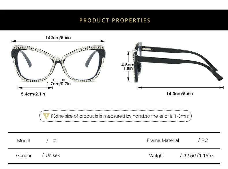 For Men And Women Cat's Eye Reading Eyeglasses Vintage Large Frame Diamond Inlaid Presbyopia Glasses Extra Large Anti-Blue Light Glasses