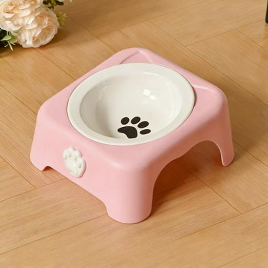 Integrated Cat Food & Water Bowl, Cute Ceramic Design, Sloped Mouth, High-Legged for Cervical Protection