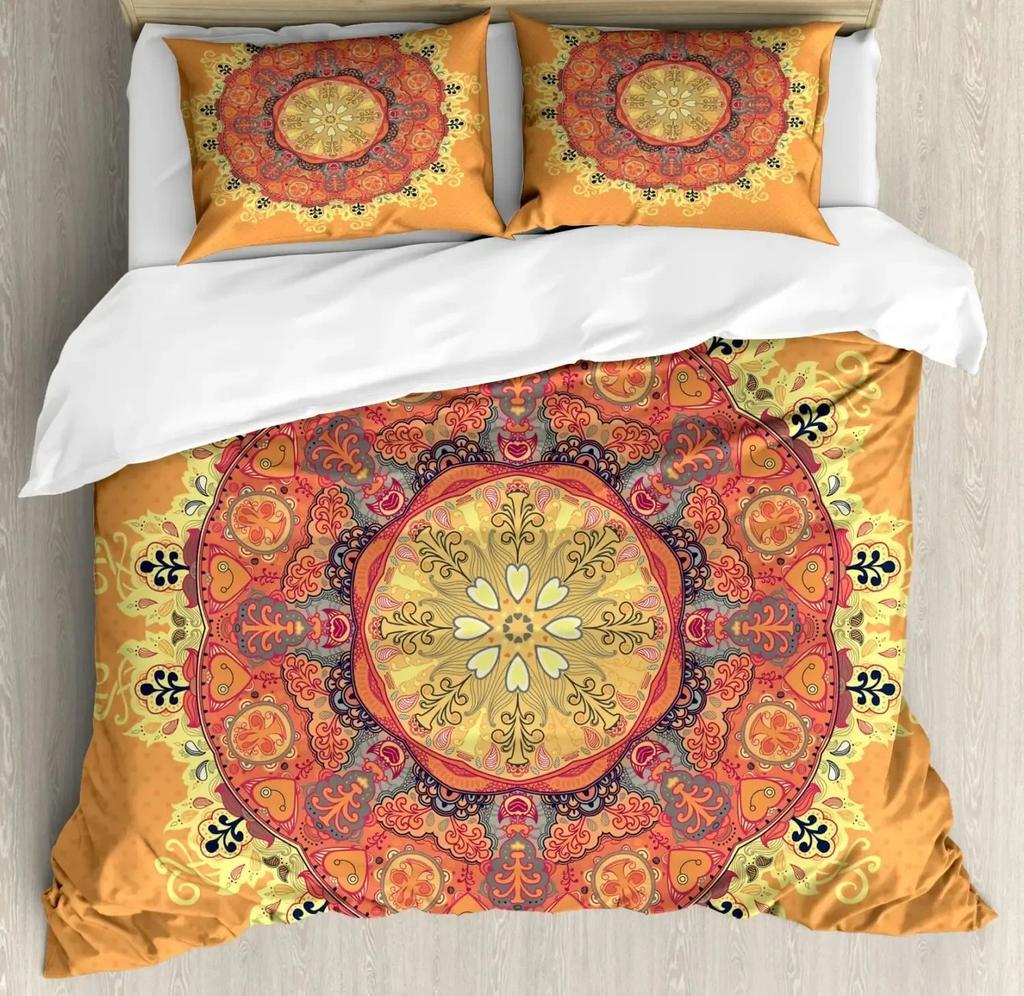 South Mandala Floral Bedding Set Vibrant Color Ornamental Illustration Duvet Cover Set Bohemian Mandala Lotus Design Quilt Cover