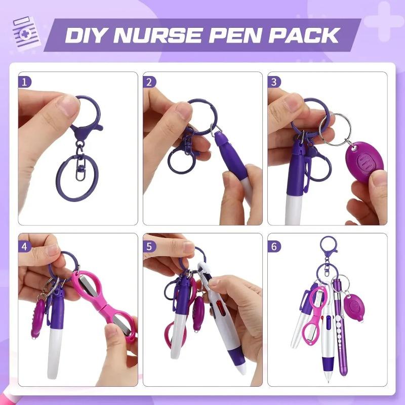 Set Penna a Sfera Retrattile Multifunzione 6 in 1 Torcia Forbici Pieghevoli Portachiavi Penne per Infermieri Pennarello Indelebile