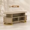 Oval Coffee Table, Sliding Drum Doors, Closed Storage, Open Shelves, Oak