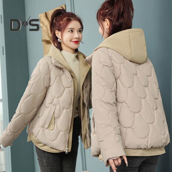 Women Winter Coat Fake Two-piece Zipper Button Closure Padded Hooded Turn-down Collar Pure Color Thin Short Type Down Cotton Filling Jacket