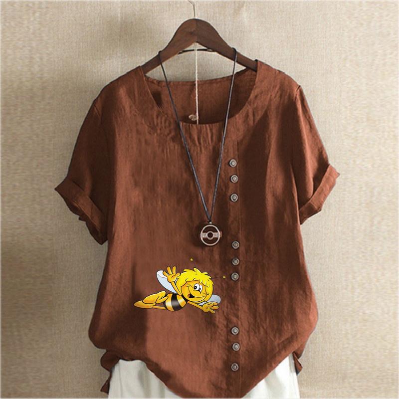 Women's New Fashion Linen Shirt Round Neck Short Sleeve Honeybee Printed T-shirt Summer Ladies Casual Plus Size Blouse Tops