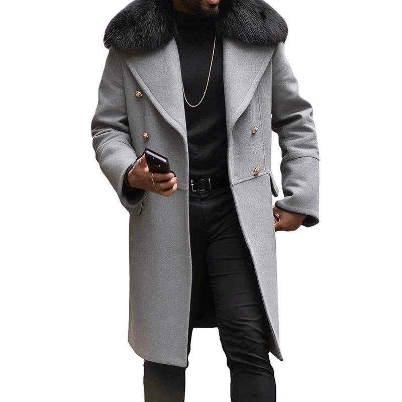 Herren Zweireihiger Wollmantel mit großem Pelzkragen