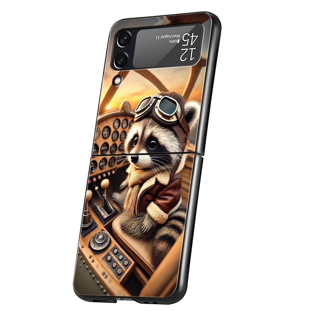 Hard PC Phone Case For Samsung Galaxy Z Flip 7 6 5 4 Black Cover For Galaxy Z Flip 3 Foldable Shockproof Capas Mapache Funda Bag