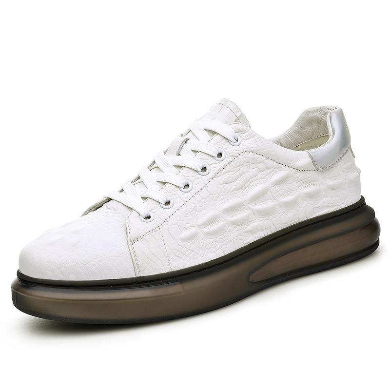 European Men's White Lace-up Shoes: Embossed Cowhide Crocodile Pattern, Comfortable, Versatile Thick Sole, Trendy Casual Design.