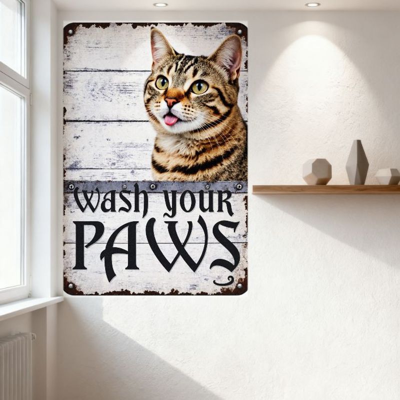 Rustic Metal Sign with Tabby Cat & 'Wash Your PAWS' Text – Weathered White Wooden Plank Background, Distressed Aged Look, Home/P