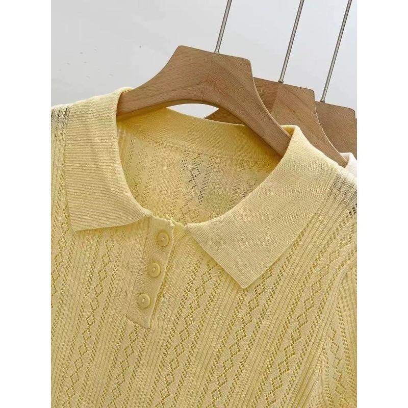 Summer Shirt Lapel Hollow Out Short Sleeved Women Knitted Sweater 2026 Slim Fit Casual Tops New Fashion Shirts Ladies Solid Color Simple Blouse