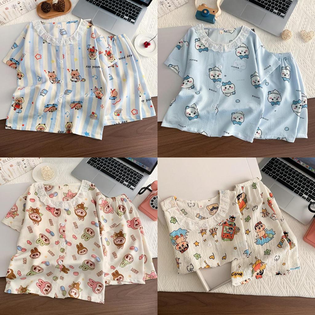 Crayon Shin Chan Hachiware Labubu Kinder-Schlafanzug-Set Aus Blasenbaumwollstoff Für Sommerlichen Komfort