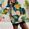 Women Plus Size Geometric Printed Long Sleeve Drawstring Hood Kangaroo Pocket Pullover Hoodie