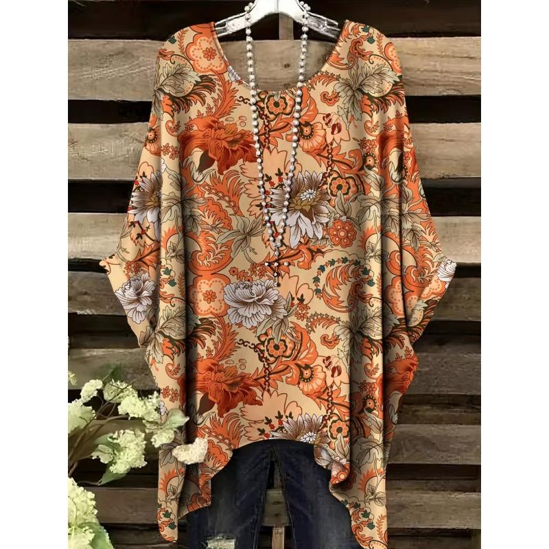 Bohemian Chic Women's T-Shirt Vintage Floral Graphic O-Neck Pullover Short Sleeve Tees Oversized Irregular Hemline  Clothes