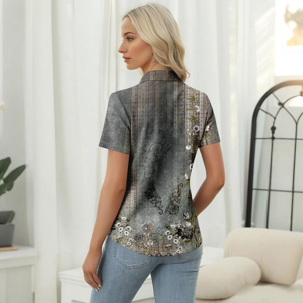 Women's Casual Floral Print V-Neck Short Sleeve Decorative Button T-Shirt Top
