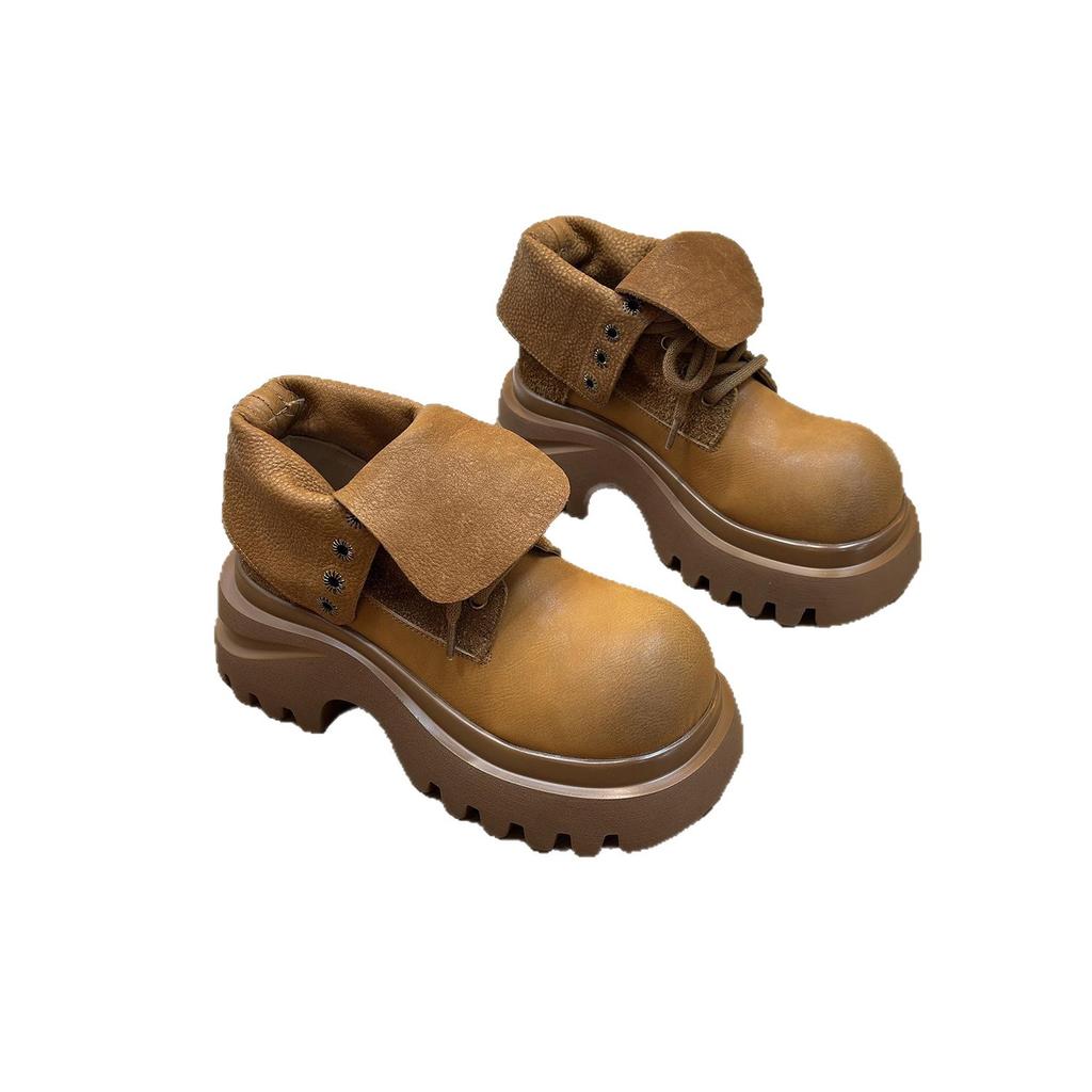 Plateau-Chelsea-Boots im Retro-Stil, Damenstiefel aus weichem Leder, große gelbe Stiefel, Herbst/Winter 2025, neue runde Zehenkappe, modische, vielseitige Kurzstiefel