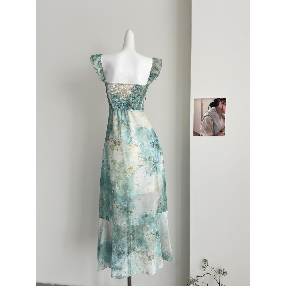 Folded summer suspender temperament dress women's summer printing thin gauze medium and long skirt suspender skirt new