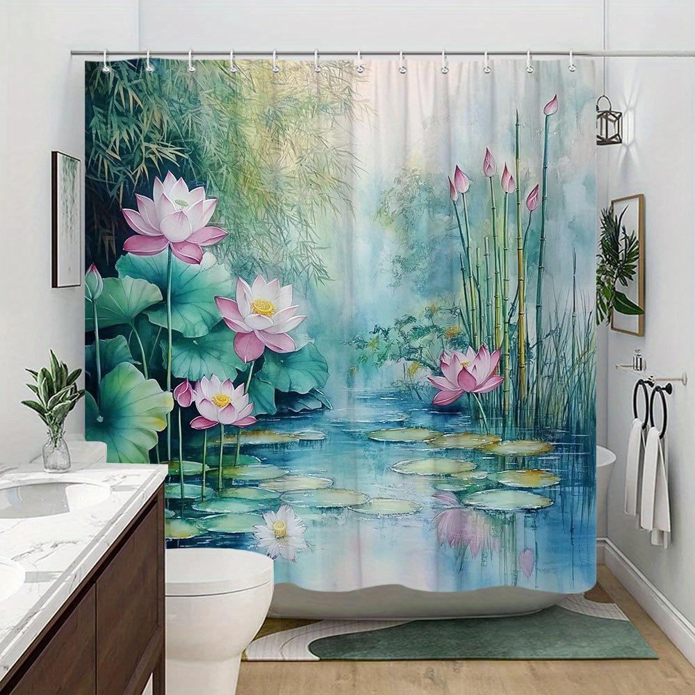 Farbige Bemalte Lotus Teich Duschvorhang Waschbar Schmutzabweisend Duschkopf Wasserdicht Polyester Badvorhang Für Heimdekoration